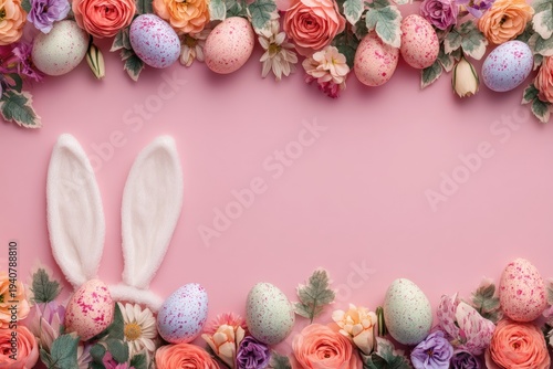 Easter eggs and spring flowers frame pink background with white bunny ears, creating a festive holiday border and copy space.