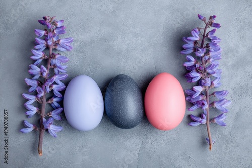 Three pastel Easter eggs arranged between purple flowers on a gray textured background, minimal spring holiday composition.