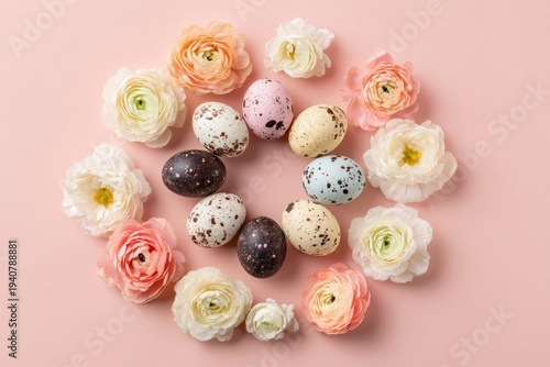Speckled Easter eggs arranged in a circle with pastel ranunculus flowers on a soft pink background.