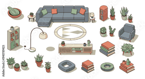 isometric collection of modern home furniture diverse house plants and accessories illustrating contemporary living room interior design concepts.