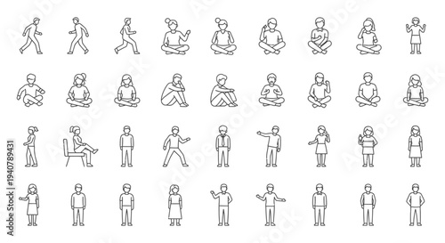 minimalist line art icon set of diverse people showing various human poses actions and gestures ideal for ui ux design and app development