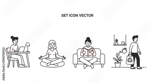 people engaging in various daily activities for modern lifestyle including working from home meditating reading and practicing sustainable habits