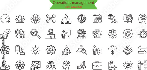 Operations management web icons in line style. Logistics, business process, maintenance, supply chain, improvement, planning, collection.