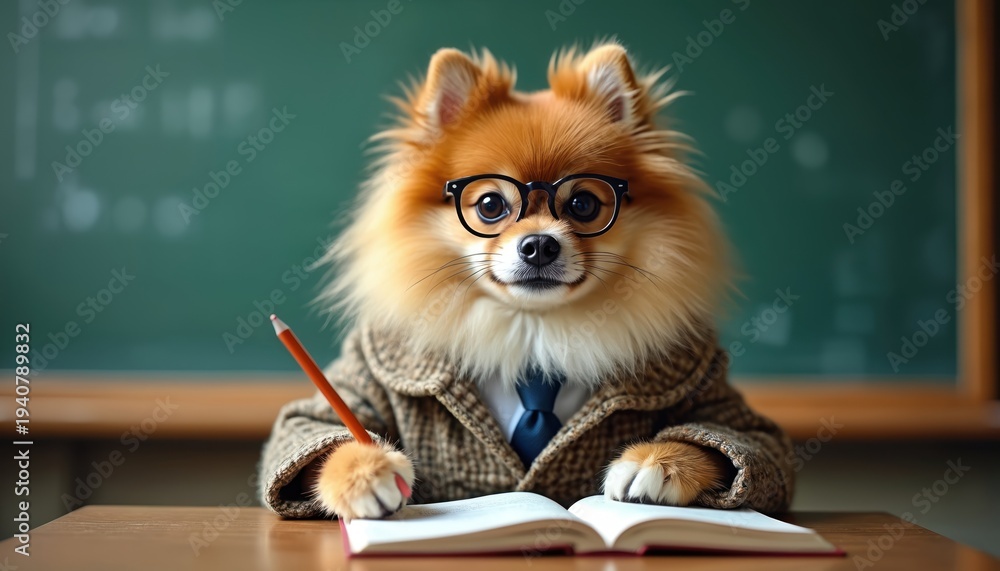 custom made wallpaper toronto digitalFluffy pomeranian dog wears glasses and tweed jacket. Dog sits at desk holding pencil near open book. Doggy dressed like professor in classroom. Cute animal has funny academic look.