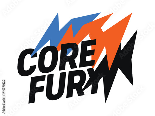 Core Fury Logo with Lightning Bolts in Blue, Orange, and Black Colors on White Background Design