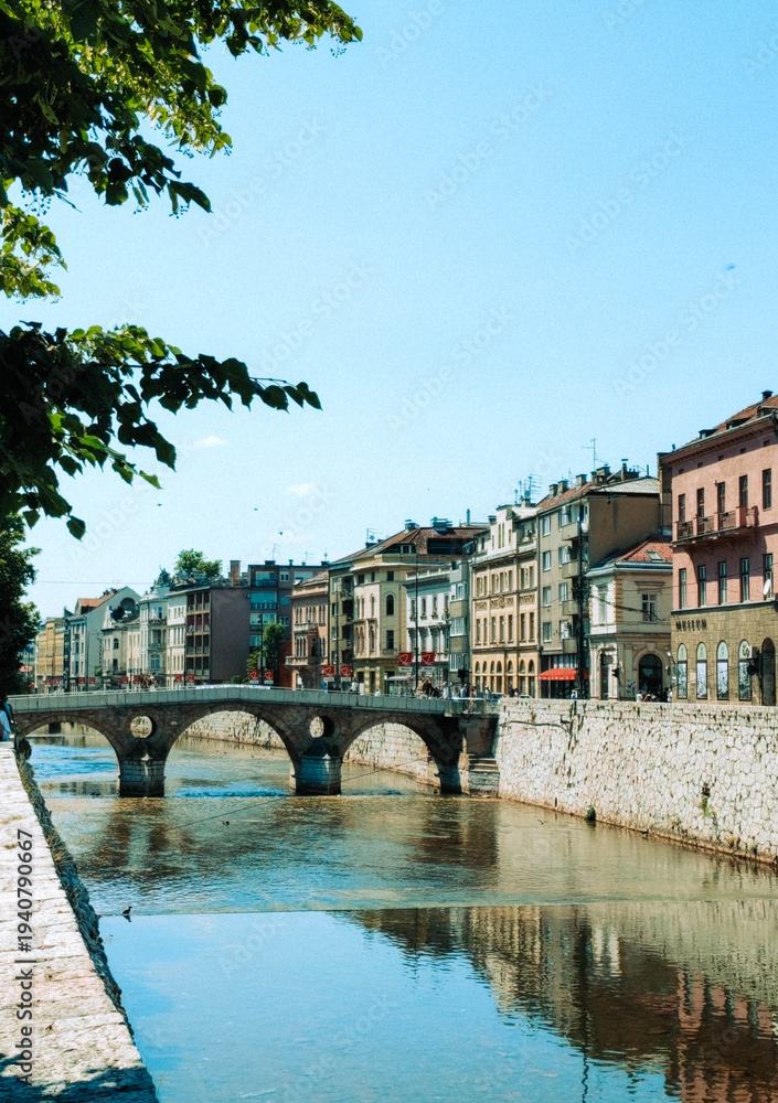 Obraz premium View of the Latin Bridge in Sarajevo, Bosnia and Herzegovina. Historic stone bridge, old European architecture