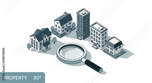 Magnifying glass examining various types of residential and commercial buildings, representing property search and real estate analysis.