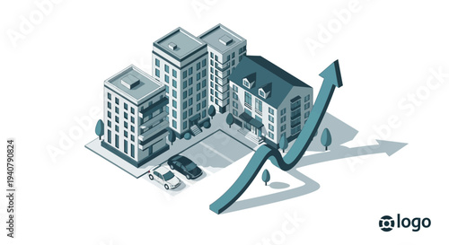 Isometric illustration of buildings and cars with an upward trending arrow symbolizing growth and development in real estate or urban planning.