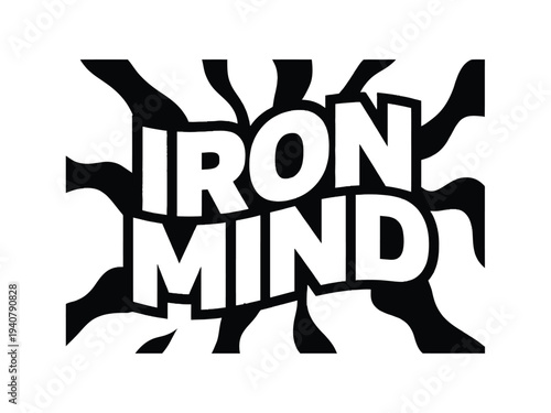 Iron Mind logo, black and white typography design with bold text and abstract background