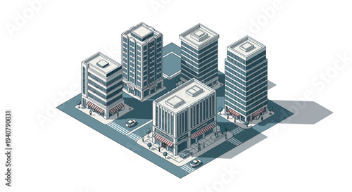 Isometric illustration of a cluster of modern office buildings in a city block, viewed from a slightly elevated angle.
