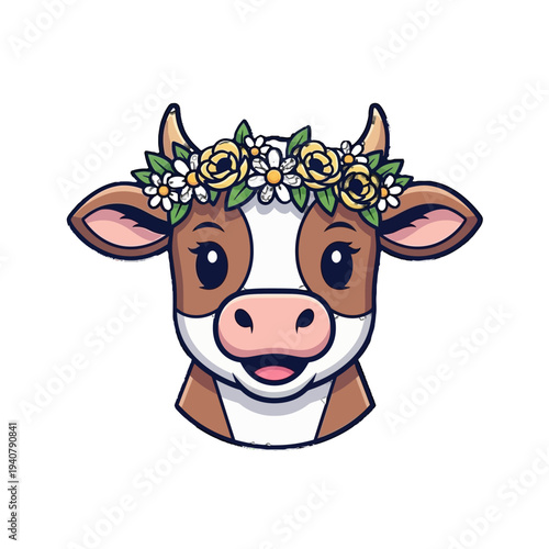 Cartoon cow head with floral wreath on its head.