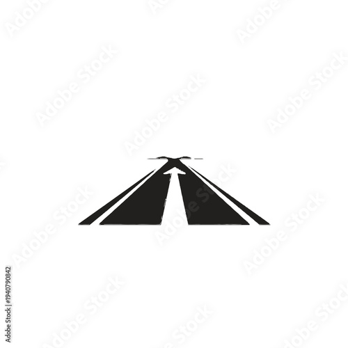 A black and white illustration of a road with an airplane flying above.