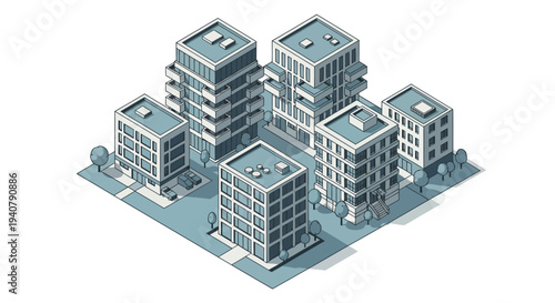 Isometric illustration of a modern urban block with several apartment buildings and trees, rendered in a minimalist blue and white color scheme.