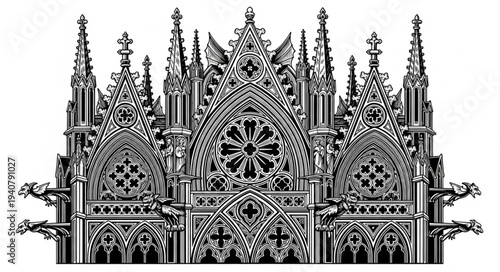 Intricate Gothic Architecture Facade Detail with Rose Window.