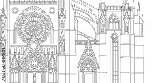 Intricate Gothic Cathedral Facade with Rose Window Drawing.