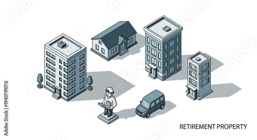 Isometric illustration of a retirement property development, featuring various buildings, a car, and a construction worker, symbolizing real estate investment and urban planning.