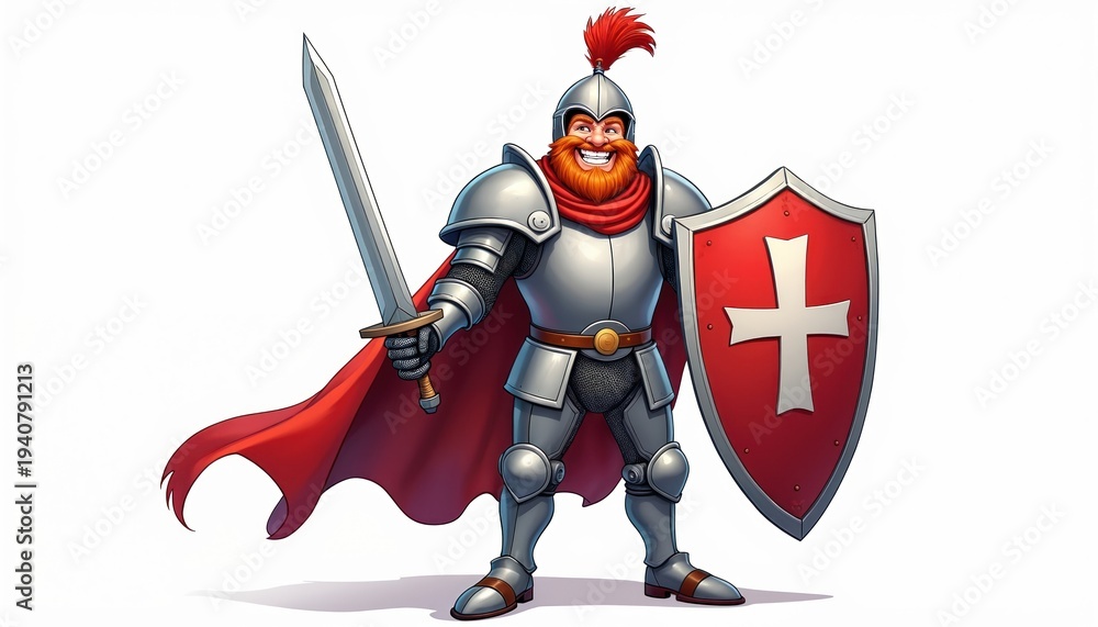 © Vadym - Chubby cartoon knight in silver armor holds sword and red shield with white cross. He wears helmet and red cape. Knight smiles happily. Isolated on white background.