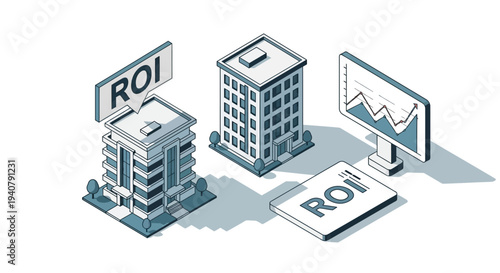 Isometric illustration of buildings with ROI signs, a graph, and a document, representing business investment and returns.