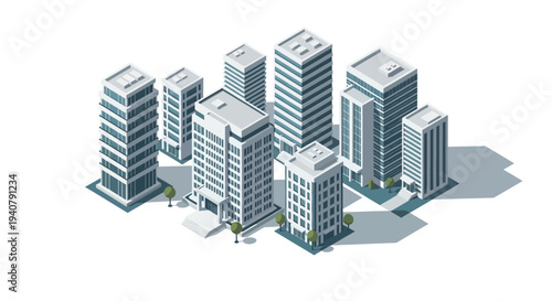 A collection of modern isometric office buildings and skyscrapers arranged in a cluster on a white background.