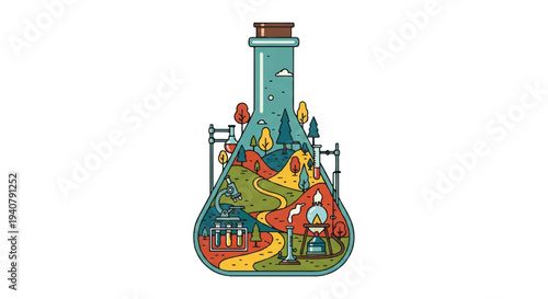 Laboratory flask with landscape nature concept illustration