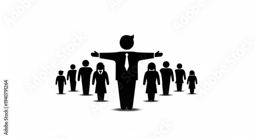 Leader standing with arms outstretched surrounded by followers.