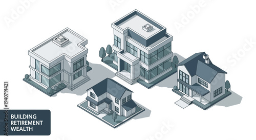 Isometric illustration of modern residential and commercial buildings, symbolizing retirement wealth building.