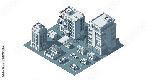 Isometric illustration of a city block with various buildings, vehicles, and street elements, rendered in a monochromatic blue-gray palette.