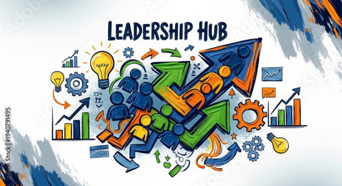 Leadership Hub Concept with Arrows and Business Icons.