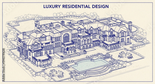 Luxury Residential Design Architectural Sketch of a Grand Mansion.