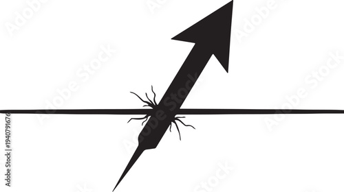 Arrow piercing a horizontal line with small jagged marks, concept of breakthrough and impact