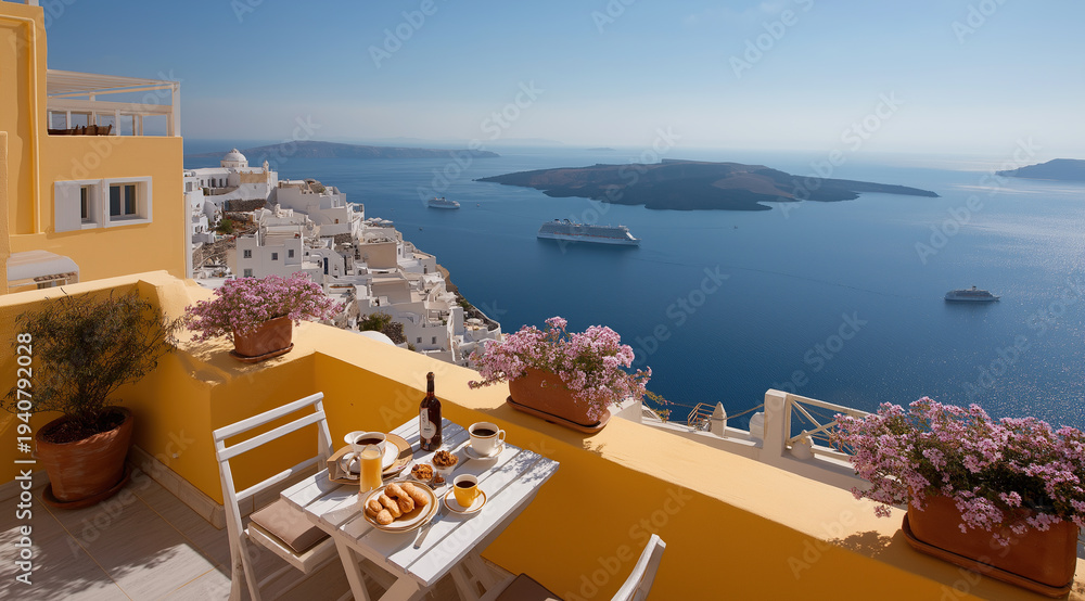 Naklejka premium Enjoying breakfast on a yellow terrace in Santorini, with panoramic views of the sea, white villages, and a cruise ship.