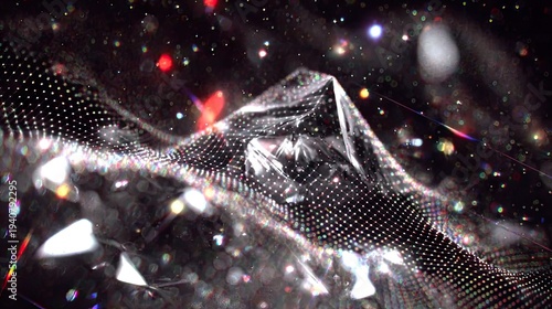 Abstract crystalline structure illuminates a dark, shimmering field with scattered points of light