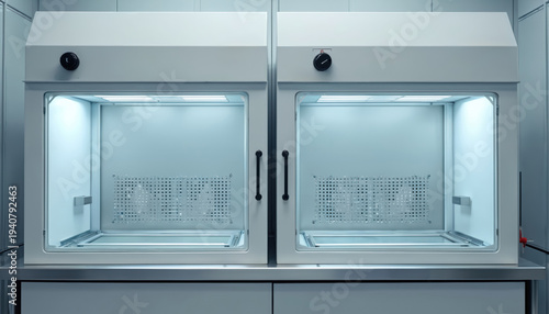 Wallpaper Mural Two modern sterile biosafety cabinets with HEPA filters offer a clean controlled lab environment. These scientific units provide safe enclosed workspaces for research and sample handling. Torontodigital.ca