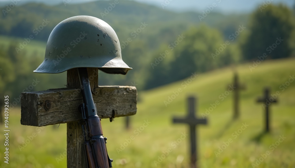 Naklejka premium Military helmet and rifle rest on wooden cross in cemetery with blurred crosses behind. Memorial to fallen soldier honors sacrifice. Outdoor battlefield graveyard.