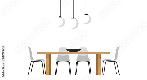 A minimalist dining room displays a wooden table with a black bowl, four grey chairs, and three crescent-shaped pendant lights on a white background.