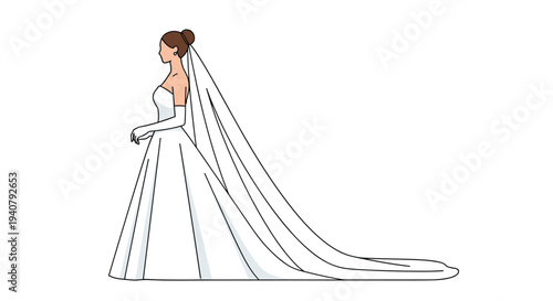 A bride is illustrated in side profile, wearing a white strapless wedding gown with a long train, veil, and elegant gloves.