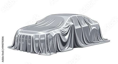 A sleek car is completely draped in a flowing, light grey sheet, revealing only its general contours and shape on a white surface.