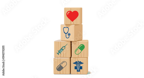 A pyramid-shaped stack of six light-colored wooden blocks is arranged on a white surface, each featuring a distinct medical symbol.