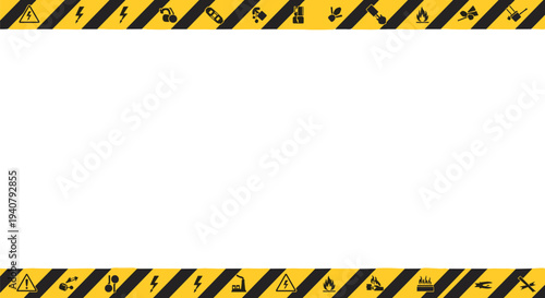 A large white rectangular area is bordered by thick black and yellow striped hazard tape at the top and bottom, featuring various warning icons.
