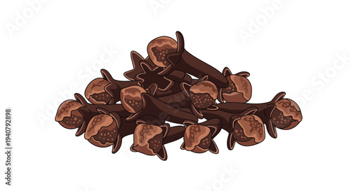 A substantial pile of dried dark brown cloves with lighter brown textured caps is centrally arranged on a pristine white background.