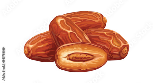 A small, artfully arranged pile of five plump dates, with one cut open to reveal its pit, is centrally displayed on a pure white background.