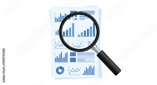 A large magnifying glass is centered over a stack of two white documents displaying various blue bar charts and line graphs on a plain white background.