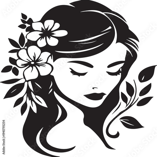 A serene woman, adorned with floral and botanical elements, embodies tranquility and natural beauty. This vector graphic captures elegance and grace through simplistic line work and artistic detail.