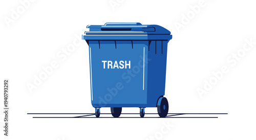 A large blue wheeled trash bin with the word TRASH on its side is positioned on a thin gray line against a plain white background.