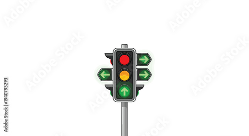 A vertical traffic light with red, yellow, and green lights illuminated, accompanied by green arrow signals, stands on a plain white background.