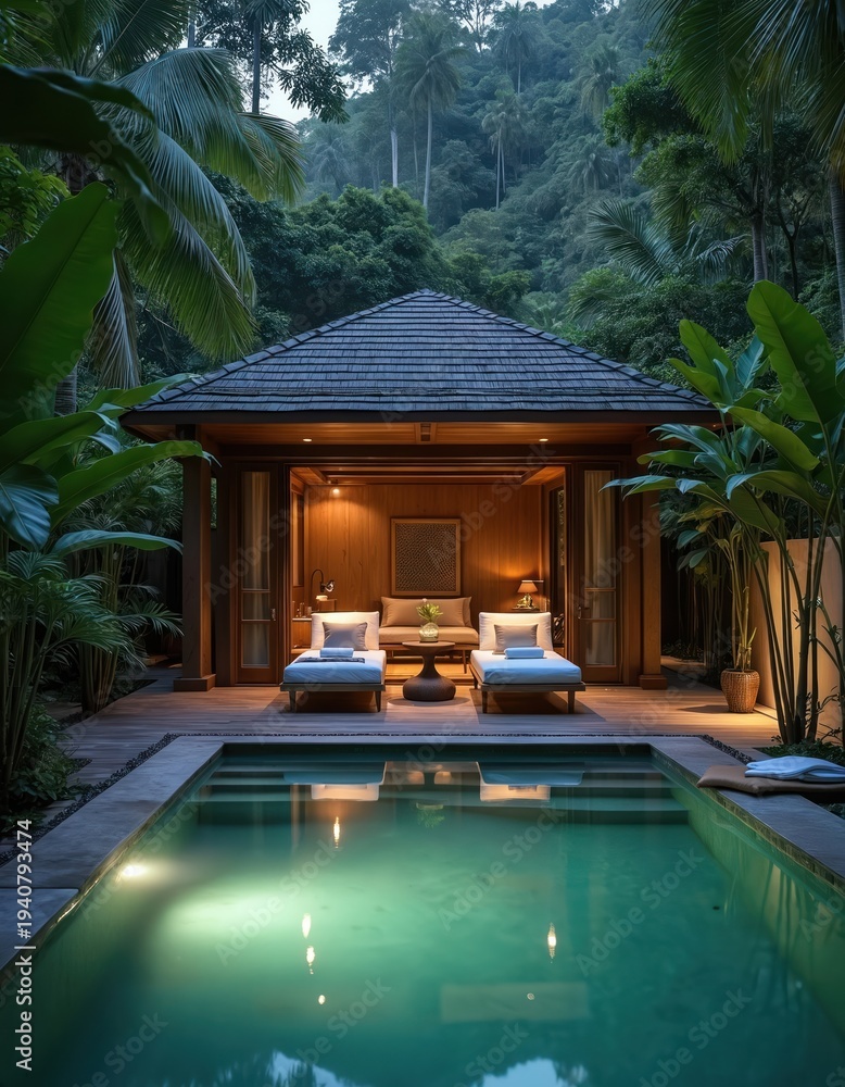 Fototapeta premium Tropical resort cabana features private plunge pool and lounge chairs. Lush jungle foliage surrounds luxury villa. Peaceful outdoor retreat.