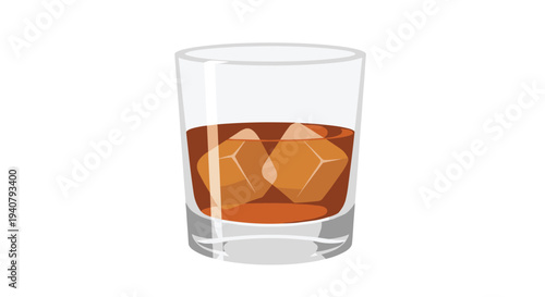 A clear, short tumblr glass filled with amber liquid and two geometric ice cubes is presented against a pristine white background.