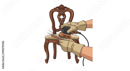 Gloved hands are actively using an orange electric orbital sander on the seat of an ornate dark brown wooden chair, creating dust particles on a white background.