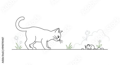 A simple outline drawing features a cat intently observing a small mouse partially hidden in grass and flowers against a plain white background.