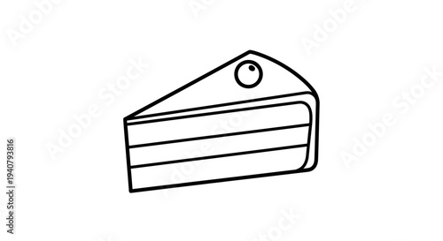 Minimalist line art illustration of a delicious slice of cake with a berry, perfect for dessert menus, bakeries, or sweet treat concepts.